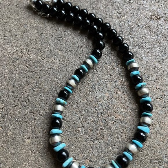 Sterling Silver Black Onyx Turquoise Bead Necklace. 18 Inch - Picture 8 of 12